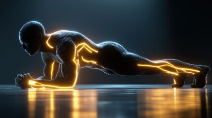 High-tech Fitness Training Session Showcasing a Digital Figure Performing a Plank Exercise in a Futuristic Setting With Glowing Outlines