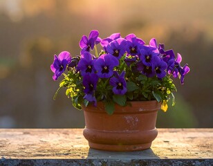 Purple pansies in terracotta pot at sunset