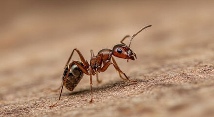 Intricate macro view of a focused ant exploring textured ground with detailed exoskeleton