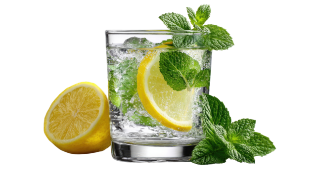 Cool Refresher: A glass of icy, fizzy beverage, with fresh lemon and mint, is a visual treat, embodying refreshment and natural zest. 