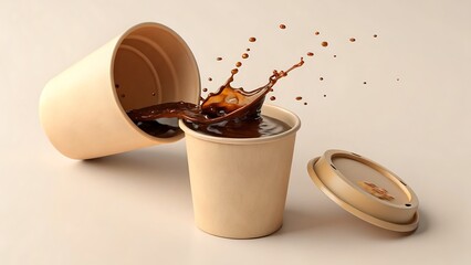 Coffee spills from a paper cup creating a splash on a plain background