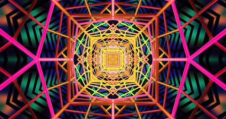 Bright geometric patterns create a vibrant tunnel effect
