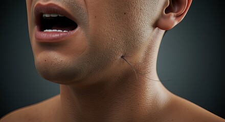 Close up of man's open mouth and stubble revealing a stray hair detail