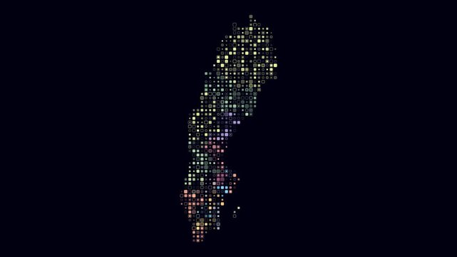 Sweden animated country shape. Pulsating colored dots on the map of the country. Small size rounded square blocks. Digital style Sweden map on dark background. Creative animation video.
