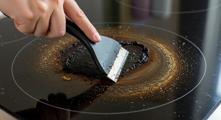 Stubborn burnt food residue being scraped off a modern glass stovetop