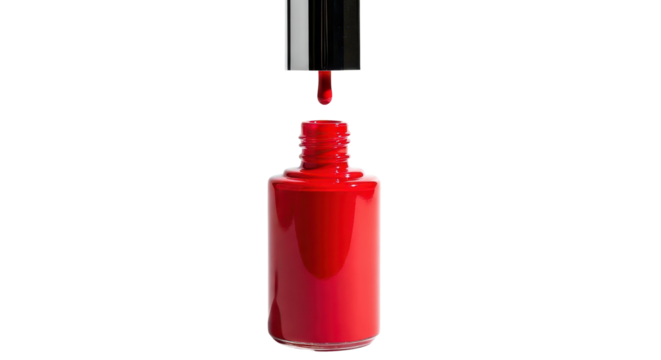 Red nail polish bottle with drop isolated on white background