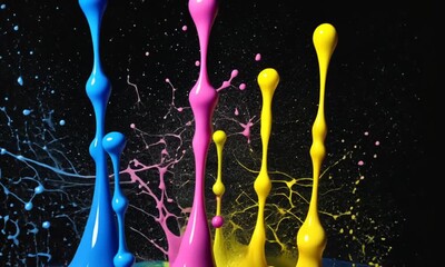 Vibrant Cyan Magenta Yellow Ink Splashing and Dripping in Slow Motion paint liquid - Powered by Adobe