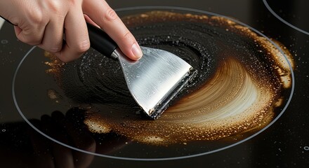 Scrubbing stubborn burnt-on grime from a glossy black stovetop with a scraper