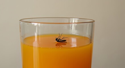 Unfortunate fly drowned in bright orange juice glass