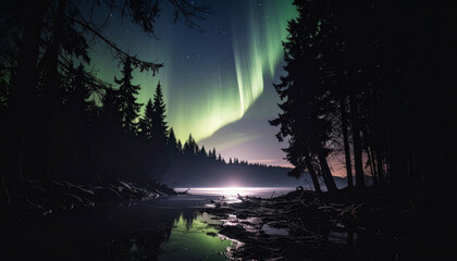 Fototapeta premium Aurora Borealis Over Frozen Lake. Nature Concept. Generated Image