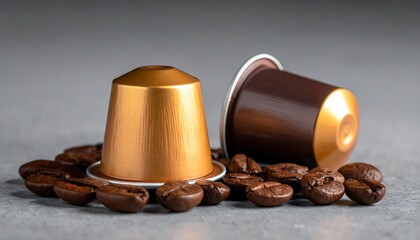 Two coffee pods surrounded by coffee beans