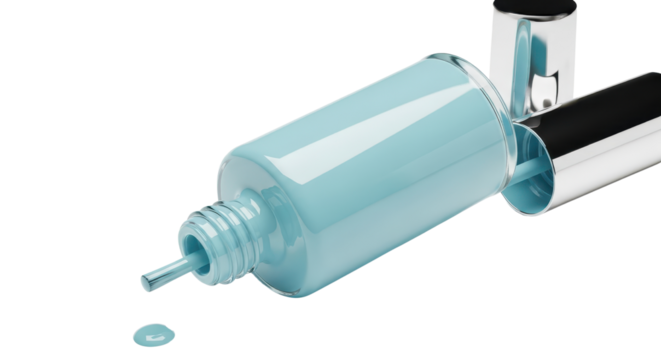 Light blue nail polish bottle spilled on white background