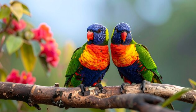 Two colorful parrots perched on a branch, surrounded by flowers