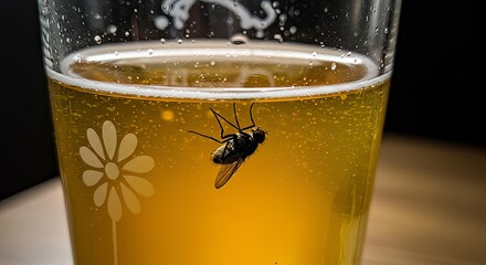 Unwanted guest tumbles into refreshing amber beer with condensation on glass