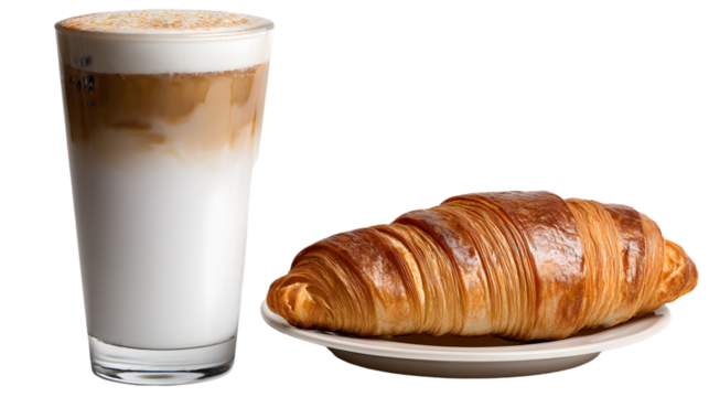 Soft croissant joins fruity mango milkshake isolated on white