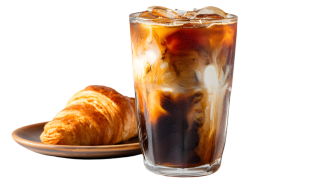 Soft croissant joins fruity mango milkshake isolated on white