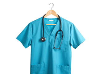 Photorealistic 8K PNG of vibrant turquoise medical scrubs and a classic stethoscope r 990078