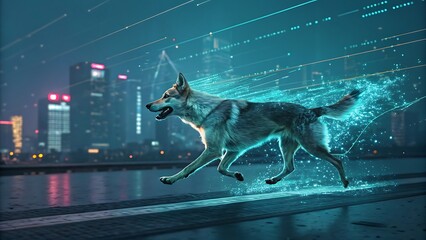 A dog running with blue light effects in a futuristic cityscape scene