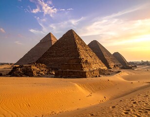 Pyramids at sunset in desert sands