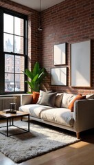 Obraz premium A stylish New York City apartment interior, featuring exposed brick, large windows, and minimalist furniture The scene evokes a sense of urban chic and modern living , interior, minimalist