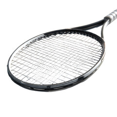 Close-up of a tennis racket head, showing the string pattern