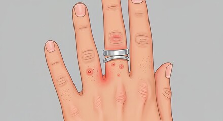 Irritated skin reaction on finger with red bumps and inflammation around ring
