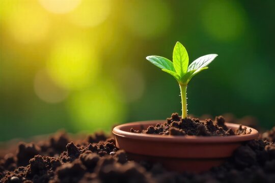 Fototapeta A tiny, vibrant green seedling sprouts from rich soil in a terracotta pot, its delicate leaves reaching towards the sunlight Perfect for springtime, gardening, and growth themes , fragile, herb