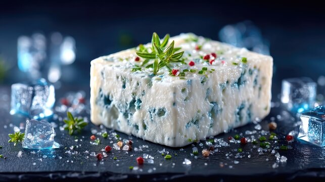 Blue Cheese Block Close Up on Slate with Ice Cubes and Herbs - Powered by Adobe
