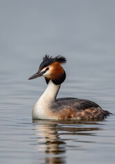 A detailed close-up view of a great crested grebe gracefully floating on a serene water surface.