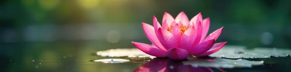 Pink Lotus Blossom Unfurling Gracefully on Serene Water, Sunlight Sparkling on Dew Drops - Perfect for Spa, Serenity, and Nature Themes