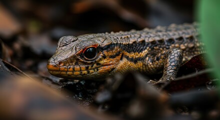 Fototapeta premium Closeup of lizard on forest floor