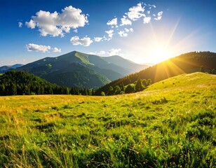 Lush mountain meadow at sunset.  Sunrise rays pierce through clouds over rolling hills