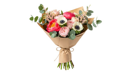Naklejka premium Fresh flower bouquet with pink and white blooms wrapped in brown paper isolated PNG with Transparent Background