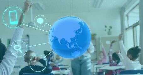 Female teacher entering classroom activating globe orbit icons for education as students responding - Powered by Adobe