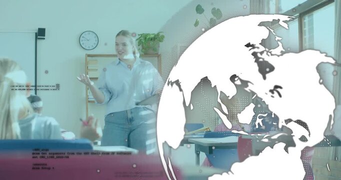 Teacher entering classroom with tablet, showing globe overlay, posing question, eliciting response - Powered by Adobe