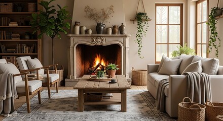 Inviting living space radiating warmth with a fireplace rustic accents and neutral cozy furnishings interior design