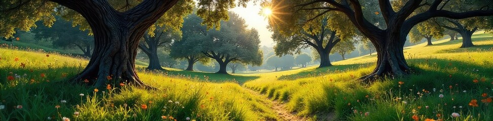 Fototapeta premium Sun-dappled forest floor in Greece, ancient olive trees casting shadows, lush vegetation, vibrant wildflowers, tranquil scene A glimpse of the mythical Greek landscape , untamed, nature