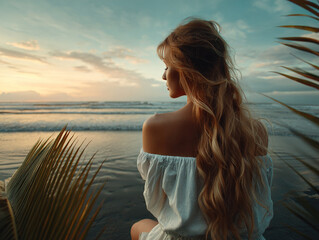 Woman Seated by Sunset Beach in Off-Shoulder White Top, Relaxed Tropical Vibe During Golden Hour