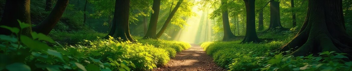 Obraz premium Sun-dappled forest path winding through lush greenery, sunlight filtering through leaves, creating a magical atmosphere Perfect for nature, travel, and adventure themes , woodland, flora