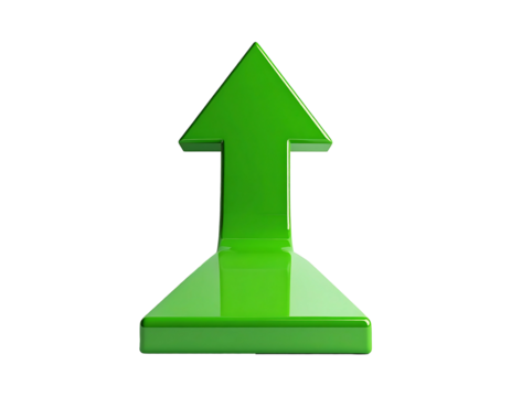 Bright green upward-pointing arrow, 3D rendered