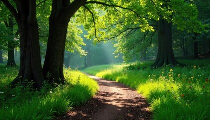 Obraz premium Sun-dappled path winds through lush green forest park, ancient trees casting shadows, vibrant undergrowth, tranquil scene , path, shadow