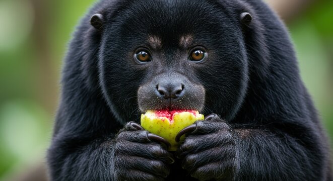 Closeup view of a black monkey eating fruit