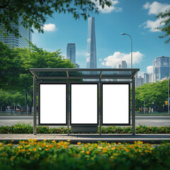 Urban bus stop features three blank advertisement spaces set within a vibrant green city landscape.