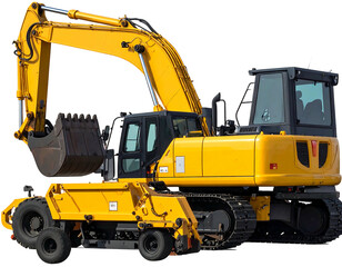 Yellow construction excavator with attachments