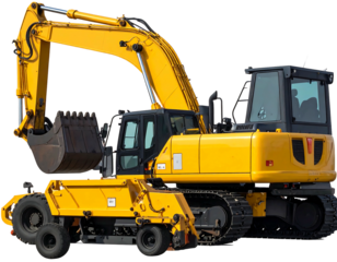 Yellow construction excavator with attachments
