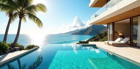 Fototapeta premium Sun-drenched villa with infinity pool overlooking a breathtaking ocean vista; epitome of luxurious, carefree living Perfect for travel, vacation, and luxury lifestyle imagery , getaway, serene, water