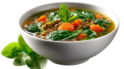 Nutritious Soup Delight: A wholesome, vibrant soup brimming with fresh spinach, tender carrots, and hearty lentils, a culinary masterpiece served in an elegant bowl.