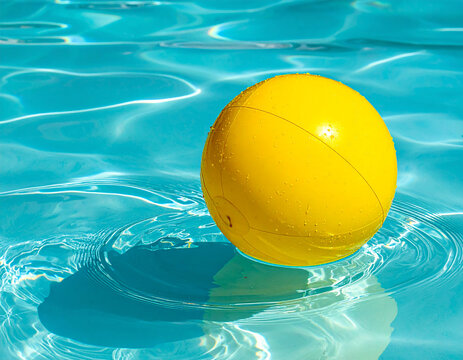 A bright yellow beach ball floating in a rippling turquoise pool on a sunny day