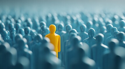 Obraz premium A Unique Yellow Person Standing Out from a Large Crowd of Blue Figures, Symbolizing Individuality
