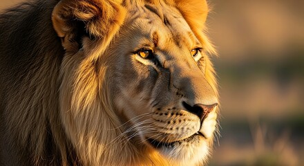 Fototapeta premium Majestic lion portrait displaying golden fur and intense gaze, bathed in warm sunlight creating a captivating natural
